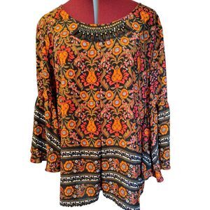 Relativity VTG Floral Tunic 3/4 Double Ruffled Sleeves Bead Work Size XL